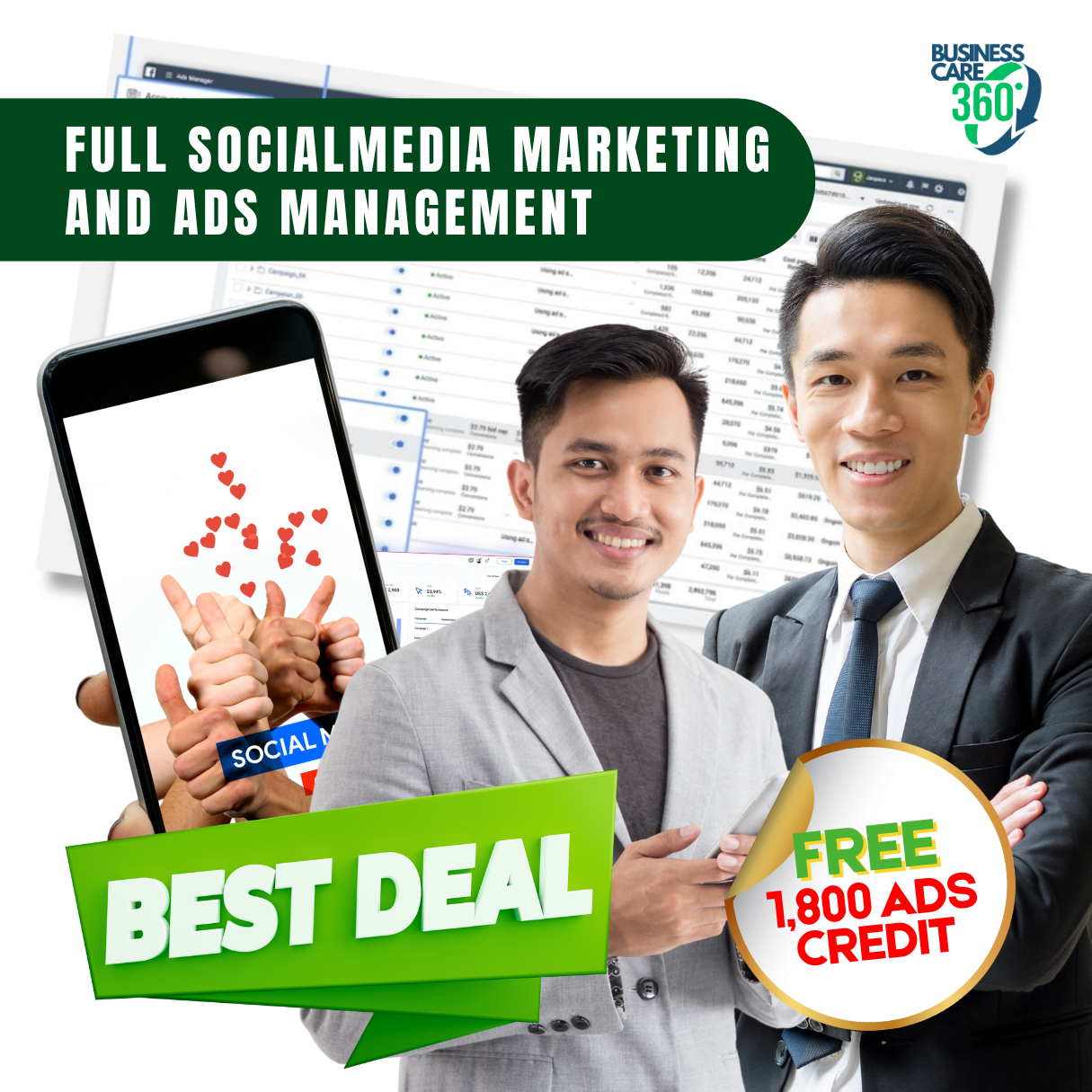 Full Social media management Plan + 1,800 Worth of FREE ADS Credit.